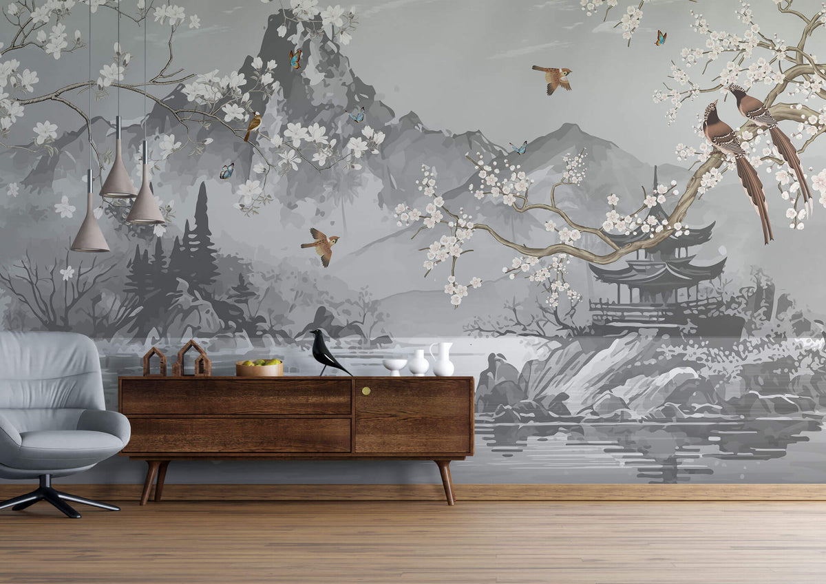 Tapet Zen Oriental cu munti si templu gri si ciresi albi infloriti cu pasari - CHINOISERIE AESTHETIC