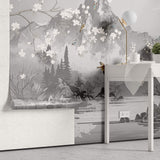 Tapet Zen Oriental cu munti si templu gri si ciresi albi infloriti cu pasari - CHINOISERIE AESTHETIC