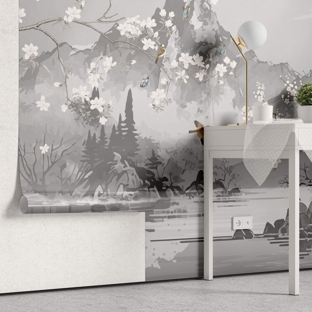Tapet Zen Oriental cu munti si templu gri si ciresi albi infloriti cu pasari - CHINOISERIE AESTHETIC