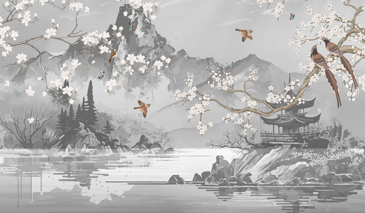 Tapet Zen Oriental cu munti si templu gri si ciresi albi infloriti cu pasari - CHINOISERIE AESTHETIC