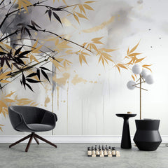 Tapet Zen Oriental cu bambus pictat cu insertii aurii - ARTSY BAMBOO