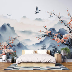 Tapet Zen Oriental cu priveliste montana si prun asiatic inflorit - SAKURA PLUM BLOSSOM