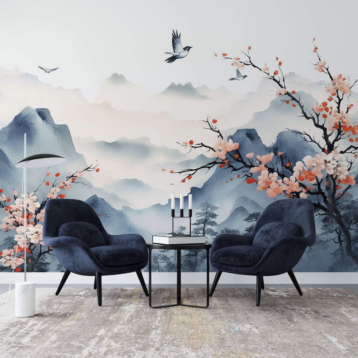 Tapet Zen Oriental cu priveliste montana si prun asiatic inflorit - SAKURA PLUM BLOSSOM