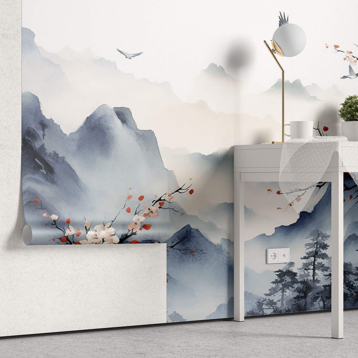 Tapet Zen Oriental cu priveliste montana si prun asiatic inflorit - SAKURA PLUM BLOSSOM