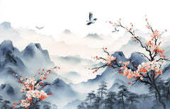 Tapet Zen Oriental cu priveliste montana si prun asiatic inflorit - SAKURA PLUM BLOSSOM