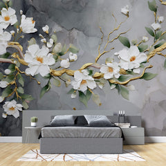 Tapet Zen Oriental cu magnolie alba pictata acrilic pe fundal gri - 3D ACRYLIC MAGNOLIA