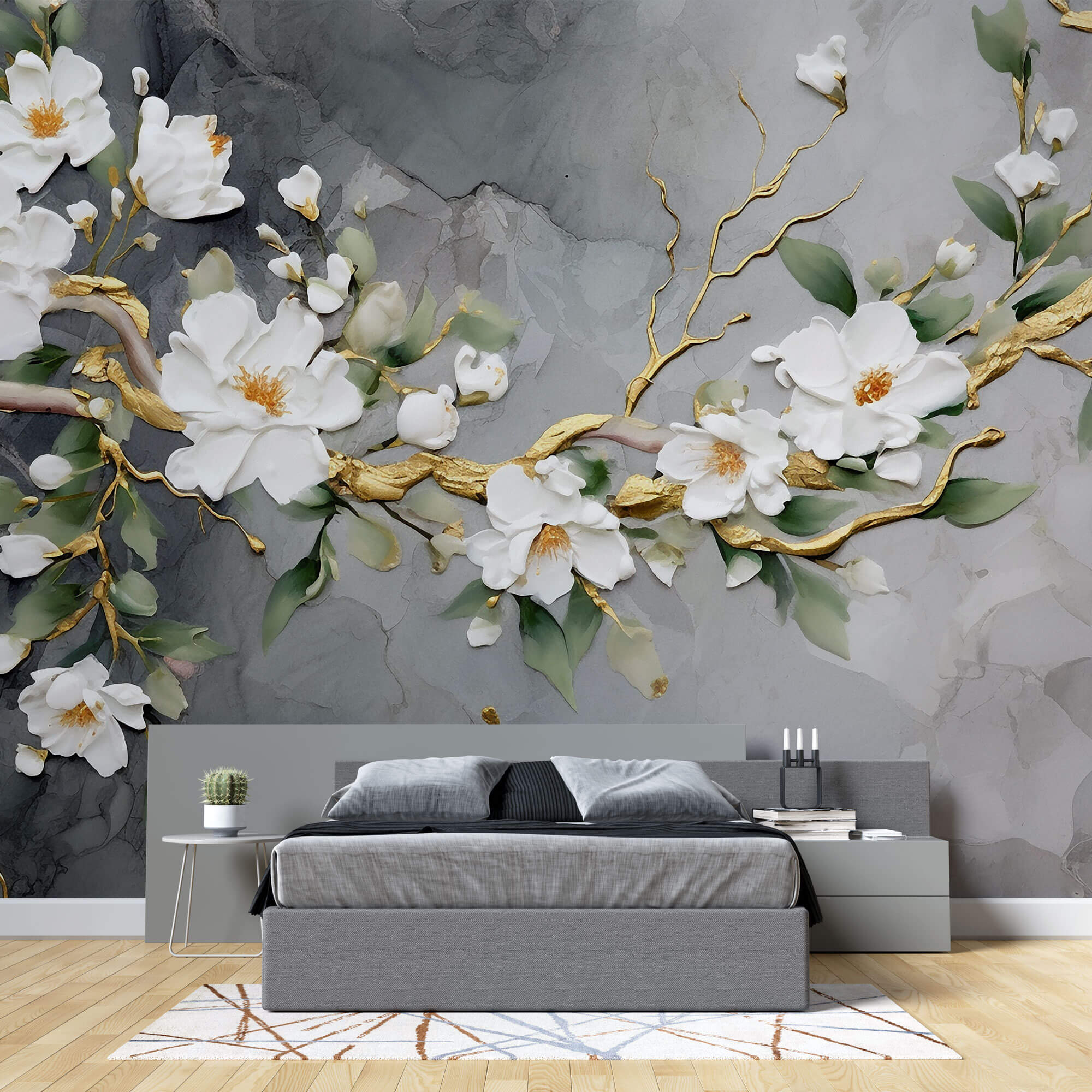 Tapet Zen Oriental cu magnolie alba pictata acrilic pe fundal gri - 3D ACRYLIC MAGNOLIA