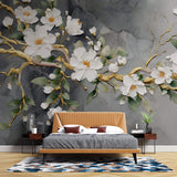 Tapet Zen Oriental cu magnolie alba pictata acrilic pe fundal gri - 3D ACRYLIC MAGNOLIA
