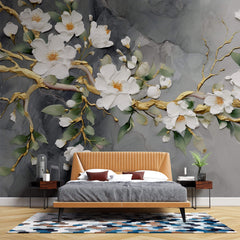 Tapet Zen Oriental cu magnolie alba pictata acrilic pe fundal gri - 3D ACRYLIC MAGNOLIA