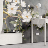 Tapet Zen Oriental cu magnolie alba pictata acrilic pe fundal gri - 3D ACRYLIC MAGNOLIA