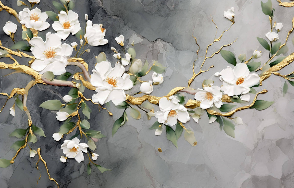 Tapet Zen Oriental cu magnolie alba pictata acrilic pe fundal gri - 3D ACRYLIC MAGNOLIA