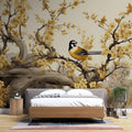 Tapet Zen Oriental cu copaci cu flori galbene mici si pasari - GOLDEN BLOOM