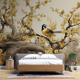 Tapet Zen Oriental cu copaci cu flori galbene mici si pasari - GOLDEN BLOOM