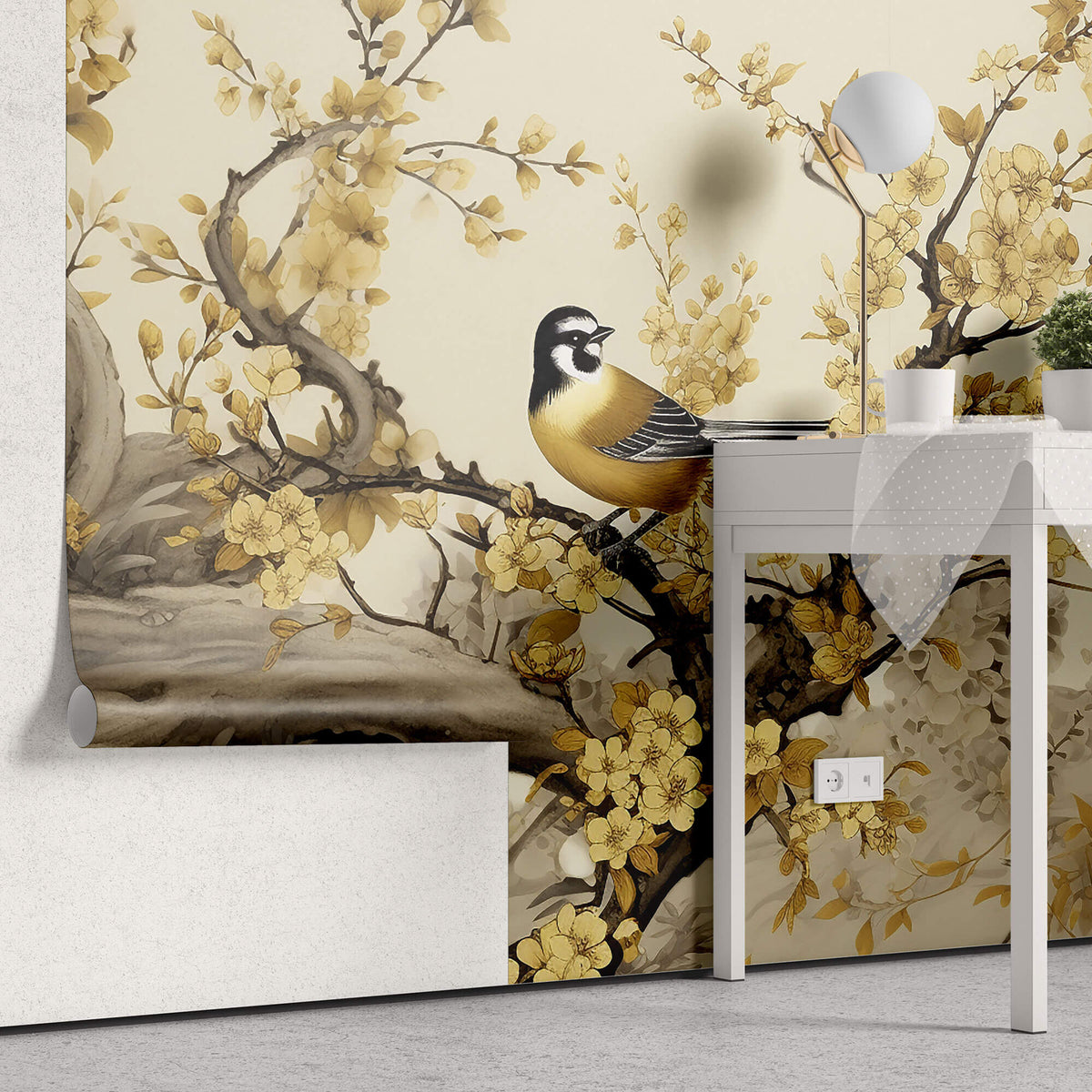 Tapet Zen Oriental cu copaci cu flori galbene mici si pasari - GOLDEN BLOOM