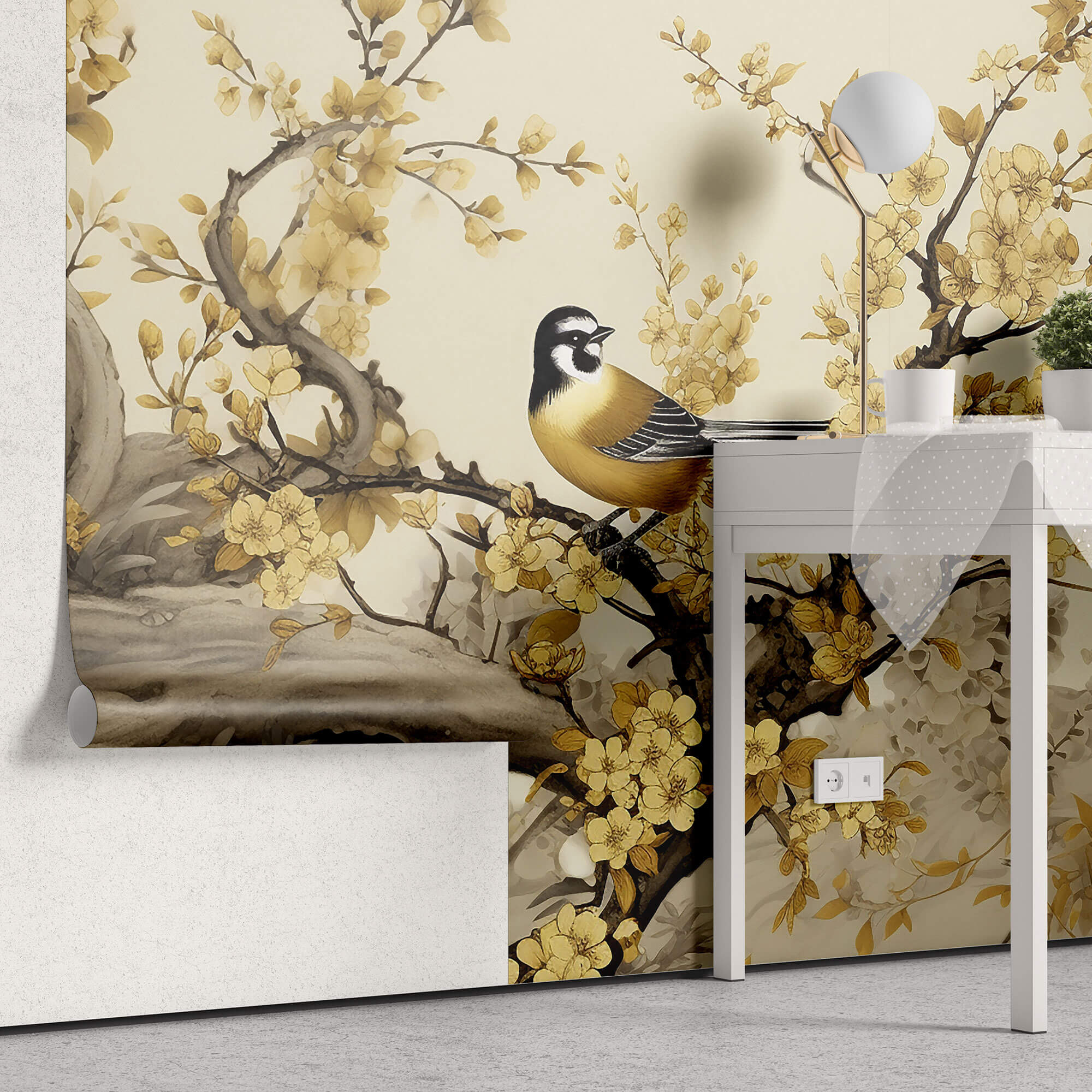 Tapet Zen Oriental cu copaci cu flori galbene mici si pasari - GOLDEN BLOOM