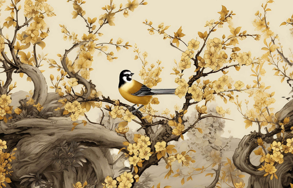 Tapet Zen Oriental cu copaci cu flori galbene mici si pasari - GOLDEN BLOOM