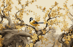 Tapet Zen Oriental cu copaci cu flori galbene mici si pasari - GOLDEN BLOOM