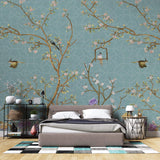 Tapet Zen Oriental cu gradina in stil chinoiserie cu fundal albastru abstract - PURPLE BLOSSOM CHINOISERIE
