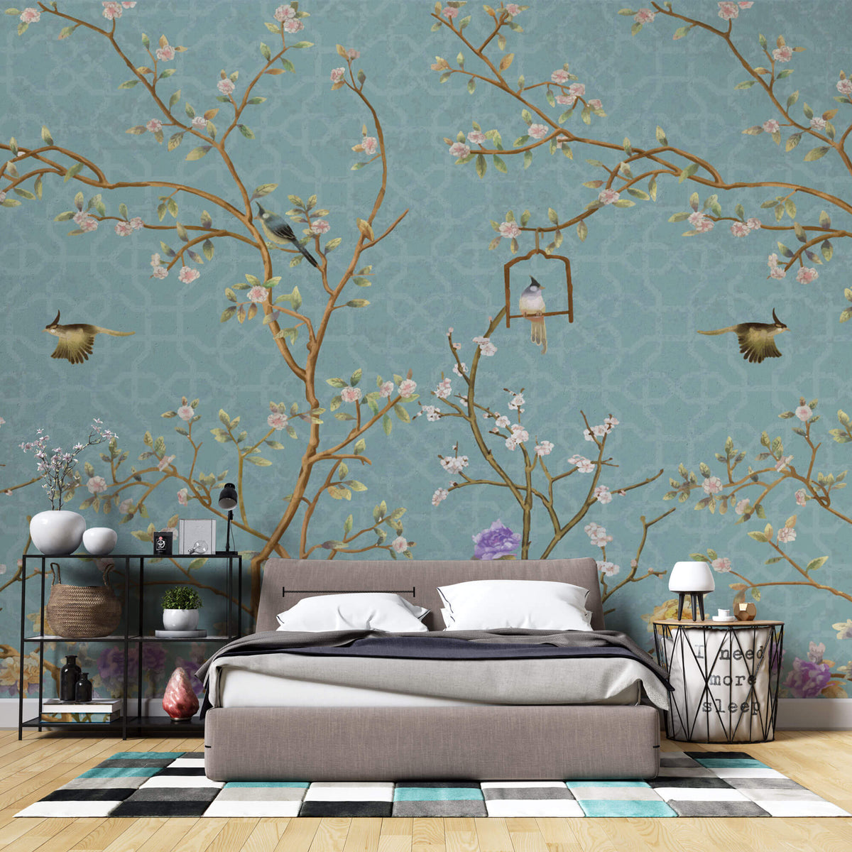 Tapet Zen Oriental cu gradina in stil chinoiserie cu fundal albastru abstract - PURPLE BLOSSOM CHINOISERIE