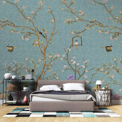 Tapet Zen Oriental cu gradina in stil chinoiserie cu fundal albastru abstract - PURPLE BLOSSOM CHINOISERIE