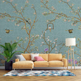 Tapet Zen Oriental cu gradina in stil chinoiserie cu fundal albastru abstract - PURPLE BLOSSOM CHINOISERIE