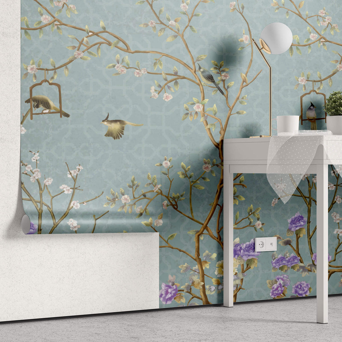 Tapet Zen Oriental cu gradina in stil chinoiserie cu fundal albastru abstract - PURPLE BLOSSOM CHINOISERIE