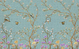 Tapet Zen Oriental cu gradina in stil chinoiserie cu fundal albastru abstract - PURPLE BLOSSOM CHINOISERIE