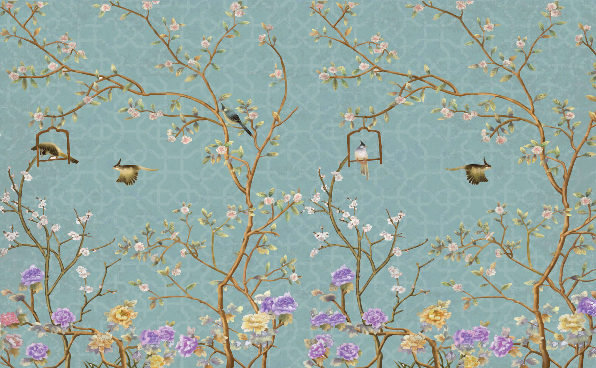 Tapet Zen Oriental cu gradina in stil chinoiserie cu fundal albastru abstract - PURPLE BLOSSOM CHINOISERIE