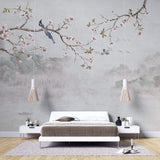 Tapet Zen Oriental cu magnolie roz inflorita si pasari - CHINOISERIE DECO WALL