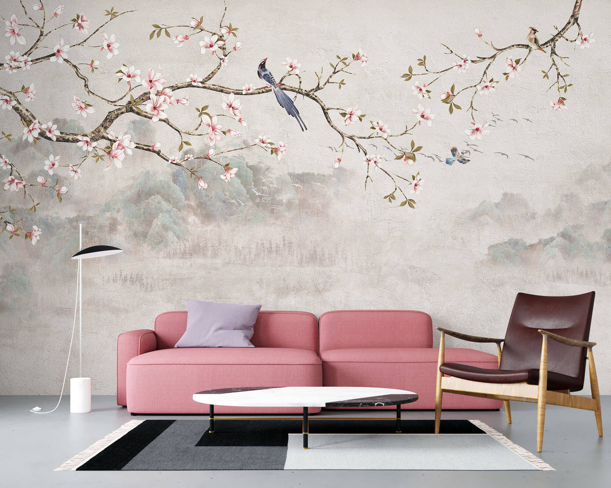 Tapet Zen Oriental cu magnolie roz inflorita si pasari - CHINOISERIE DECO WALL