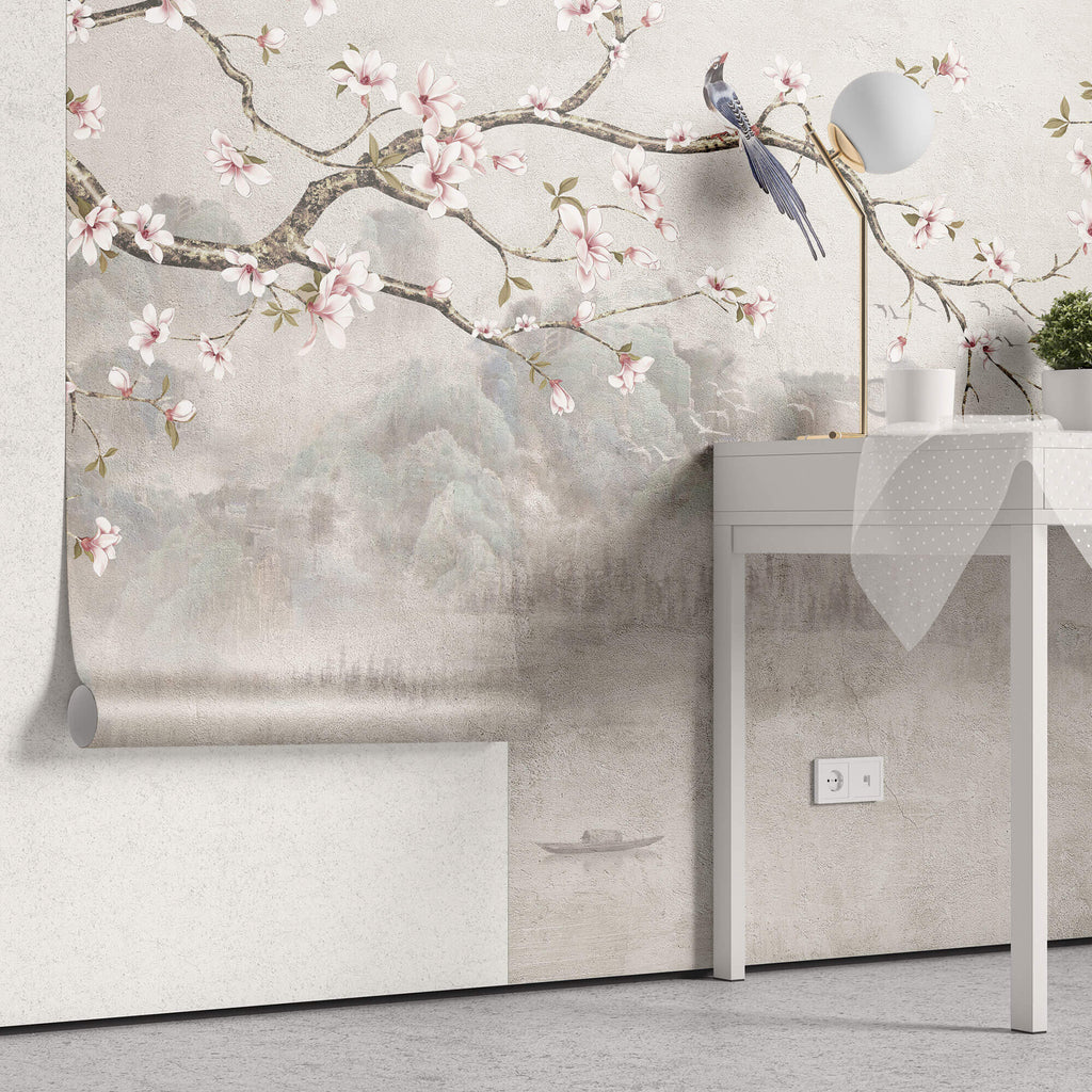 Tapet Zen Oriental cu magnolie roz inflorita si pasari - CHINOISERIE DECO WALL