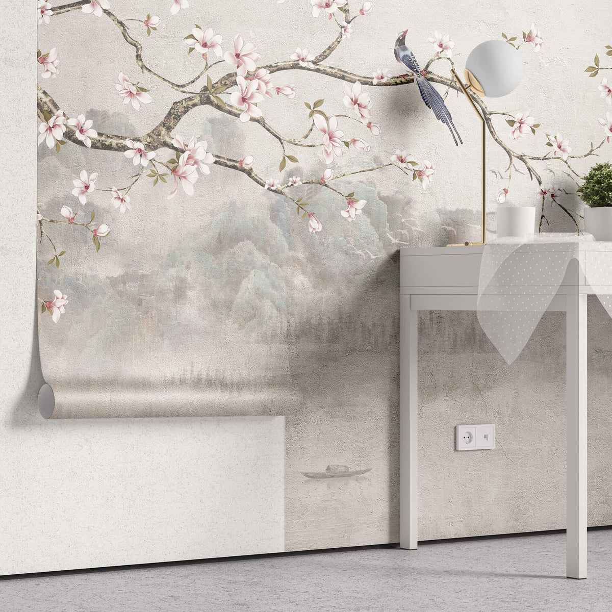 Tapet Zen Oriental cu magnolie roz inflorita si pasari - CHINOISERIE DECO WALL