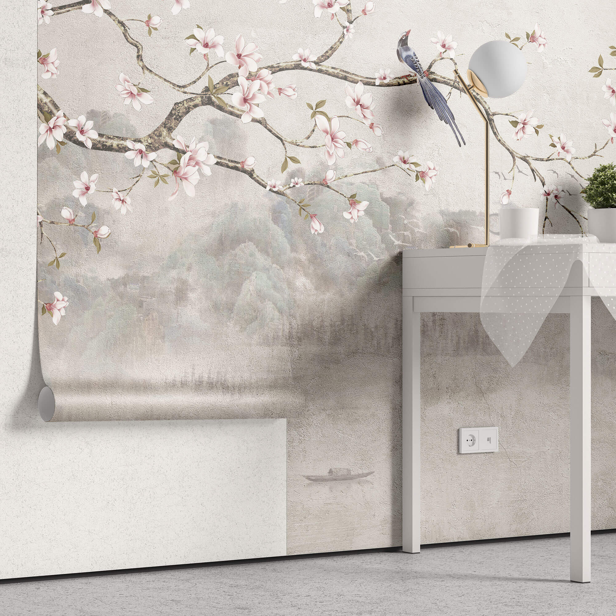 Tapet Zen Oriental cu magnolie roz inflorita si pasari - CHINOISERIE DECO WALL