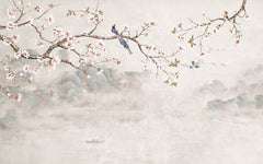 Tapet Zen Oriental cu magnolie roz inflorita si pasari - CHINOISERIE DECO WALL