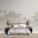 Tapet Zen Oriental cu bambus verde pe fundal texturat crem - ZEN PLASTER WALL