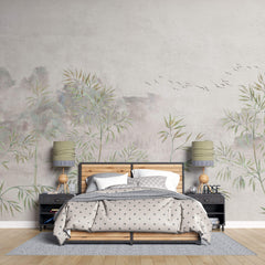 Tapet Zen Oriental cu bambus verde pe fundal texturat crem - ZEN PLASTER WALL