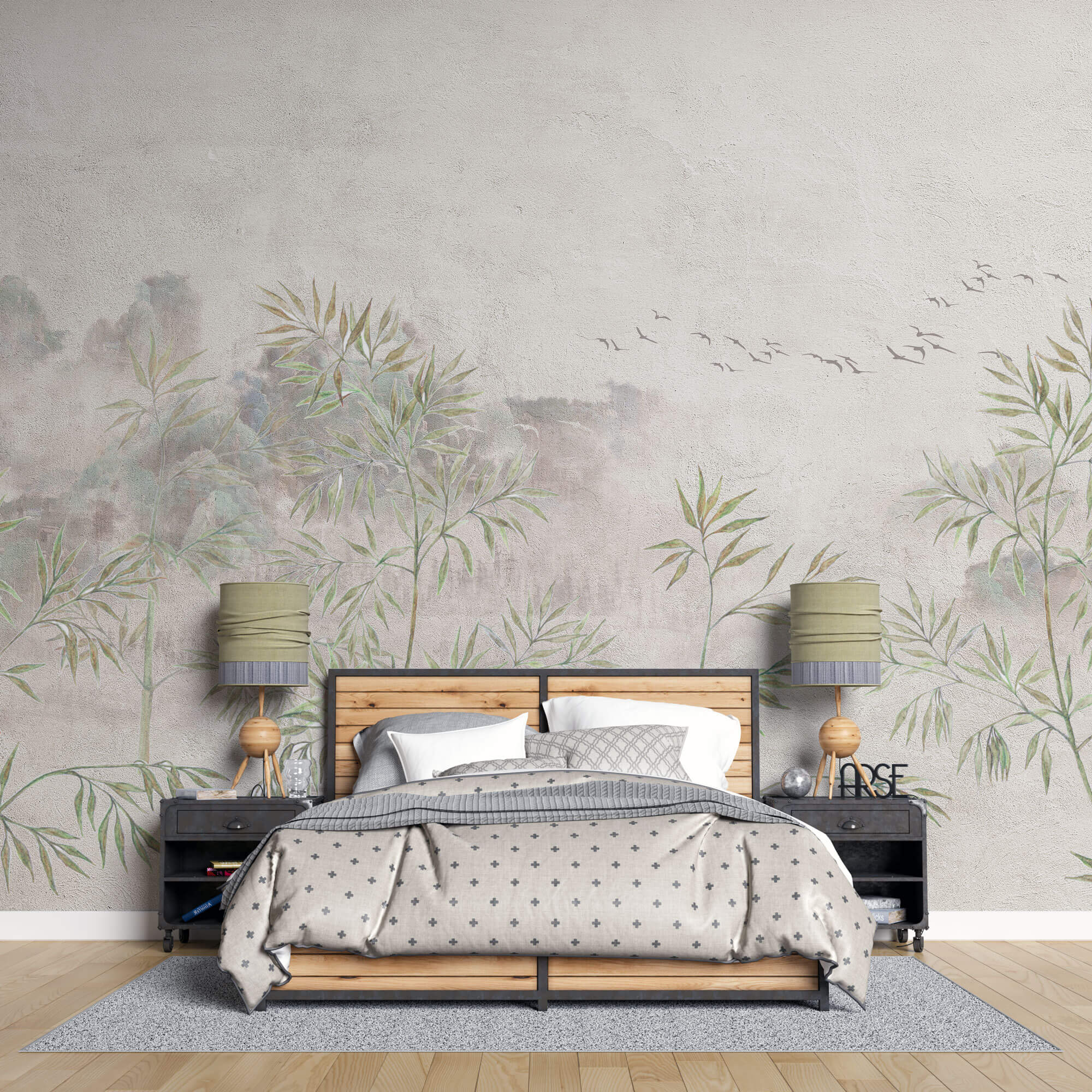 Tapet Zen Oriental cu bambus verde pe fundal texturat crem - ZEN PLASTER WALL