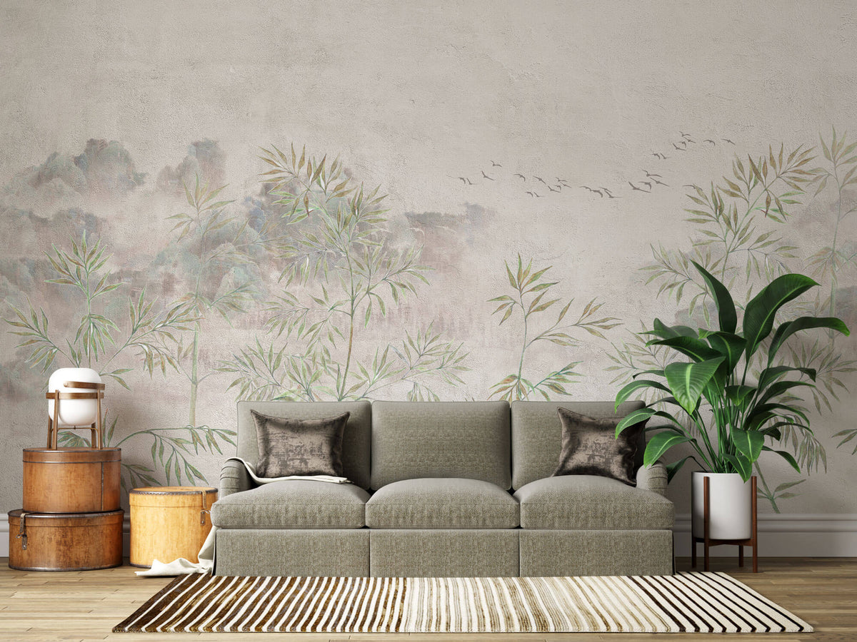 Tapet Zen Oriental cu bambus verde pe fundal texturat crem - ZEN PLASTER WALL