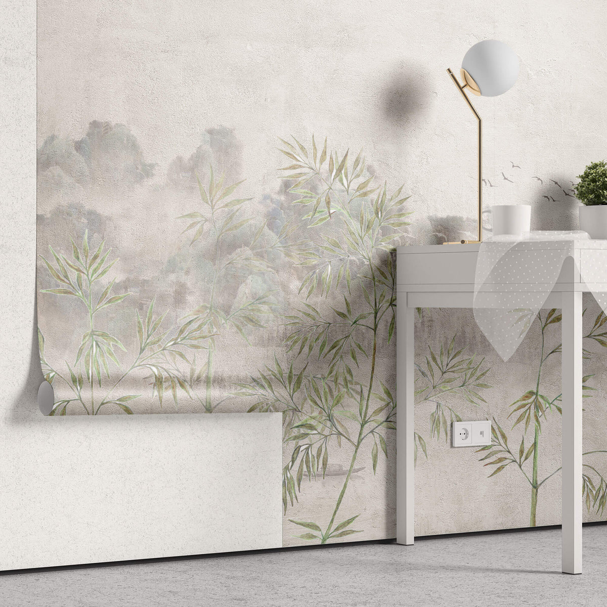 Tapet Zen Oriental cu bambus verde pe fundal texturat crem - ZEN PLASTER WALL