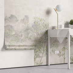 Tapet Zen Oriental cu bambus verde pe fundal texturat crem - ZEN PLASTER WALL