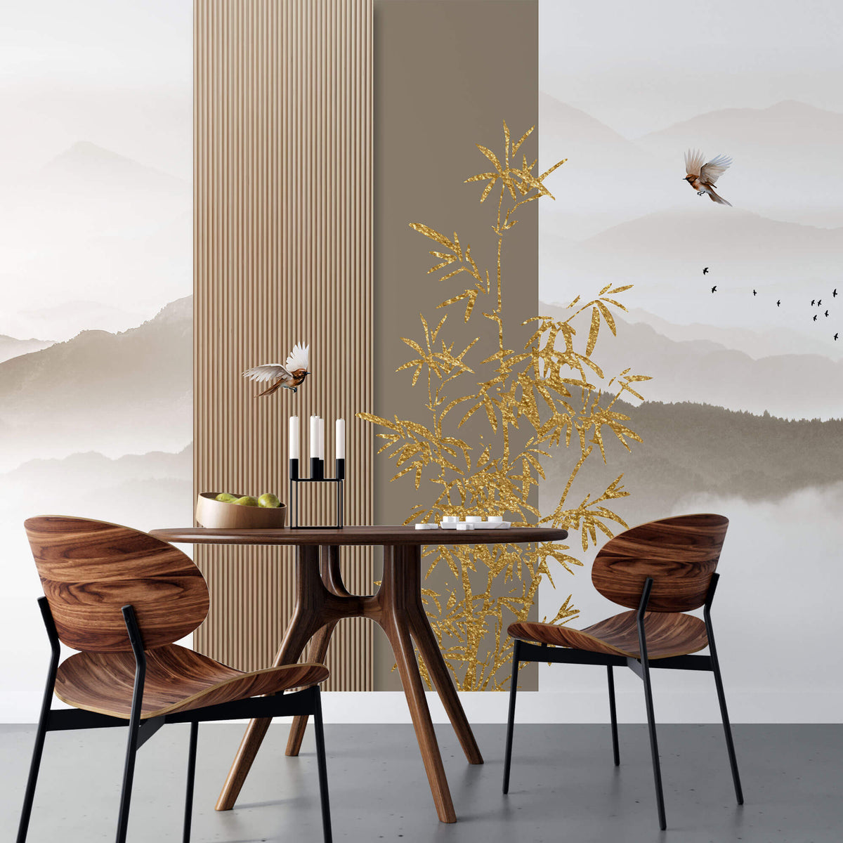 Tapet Zen Oriental cu ilustratie abstracta cu insertii aurii si peisaj montan - ORIENTAL WOOD PANEL