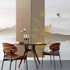 Tapet Zen Oriental cu ilustratie abstracta cu insertii aurii si peisaj montan - ORIENTAL WOOD PANEL