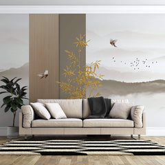 Tapet Zen Oriental cu ilustratie abstracta cu insertii aurii si peisaj montan - ORIENTAL WOOD PANEL