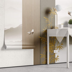 Tapet Zen Oriental cu ilustratie abstracta cu insertii aurii si peisaj montan - ORIENTAL WOOD PANEL