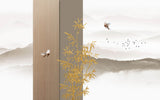 Tapet Zen Oriental cu ilustratie abstracta cu insertii aurii si peisaj montan - ORIENTAL WOOD PANEL