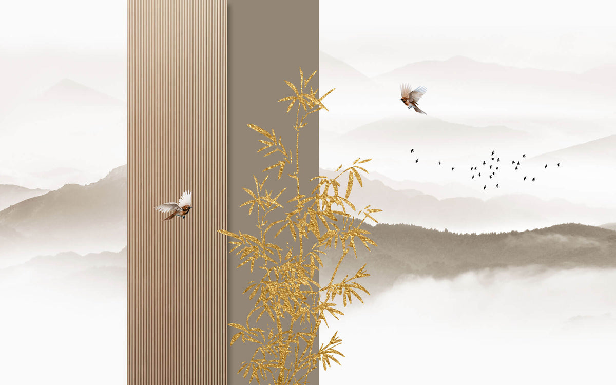 Tapet Zen Oriental cu ilustratie abstracta cu insertii aurii si peisaj montan - ORIENTAL WOOD PANEL