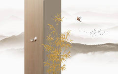 Tapet Zen Oriental cu ilustratie abstracta cu insertii aurii si peisaj montan - ORIENTAL WOOD PANEL