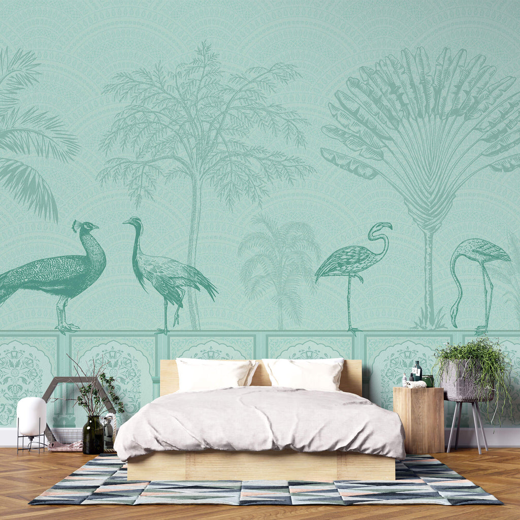 Tapet Zen Oriental cu pauni si pasari orientale intr-un fundal verde - GREEN MUGHAL