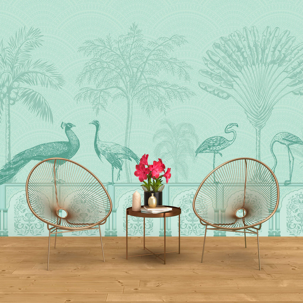 Tapet Zen Oriental cu pauni si pasari orientale intr-un fundal verde - GREEN MUGHAL