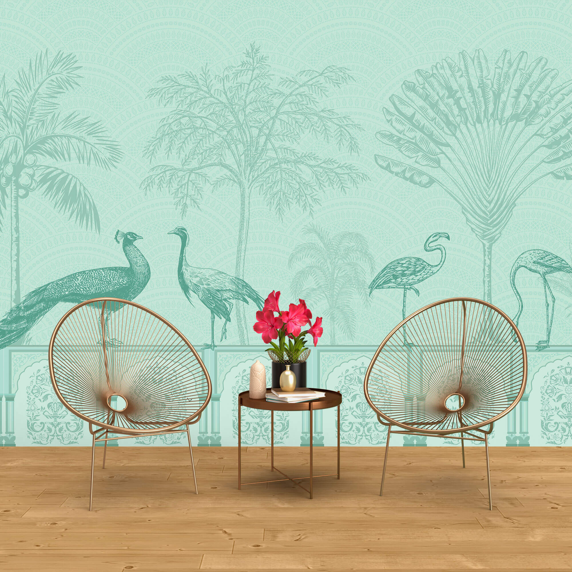 Tapet Zen Oriental cu pauni si pasari orientale intr-un fundal verde - GREEN MUGHAL